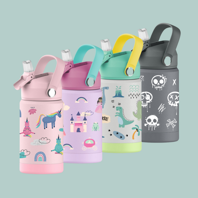Kids water bottle for school. Double wall stainless steel, vacuum insulated. Wide mouth lid with soft silicone spout.
