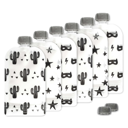 Reusable Food Pouches (Black & White) - Set of 6