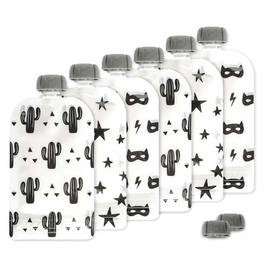 Reusable Food Pouches (Black & White) - Set of 6