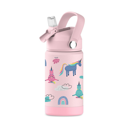 Kids water bottle for school. Double wall stainless steel, vacuum insulated. Wide mouth lid with soft silicone spout.