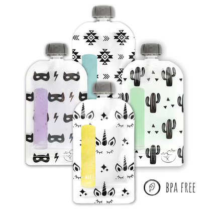 Reusable Food Pouches (Black / White) - Set of 12